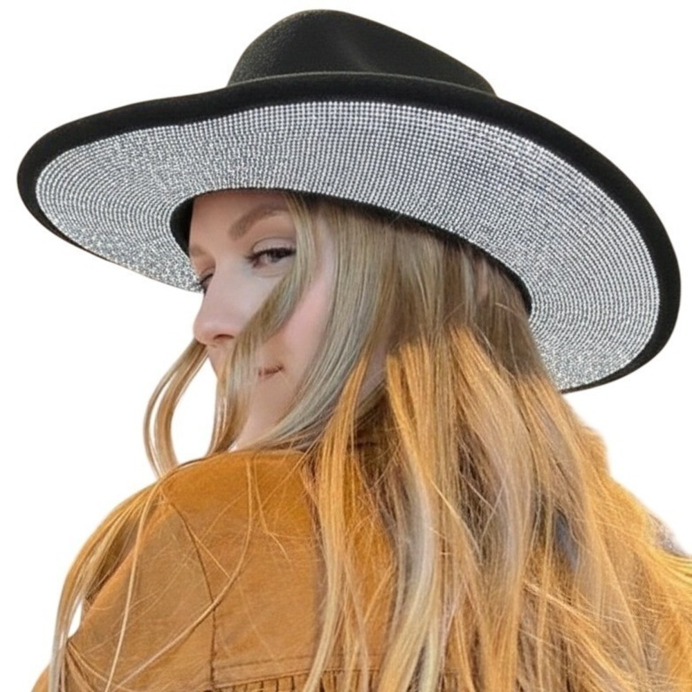CC BEANIE Sparkly Rhinestone Western Cowboy Hat Black Silver Trim Women NWT